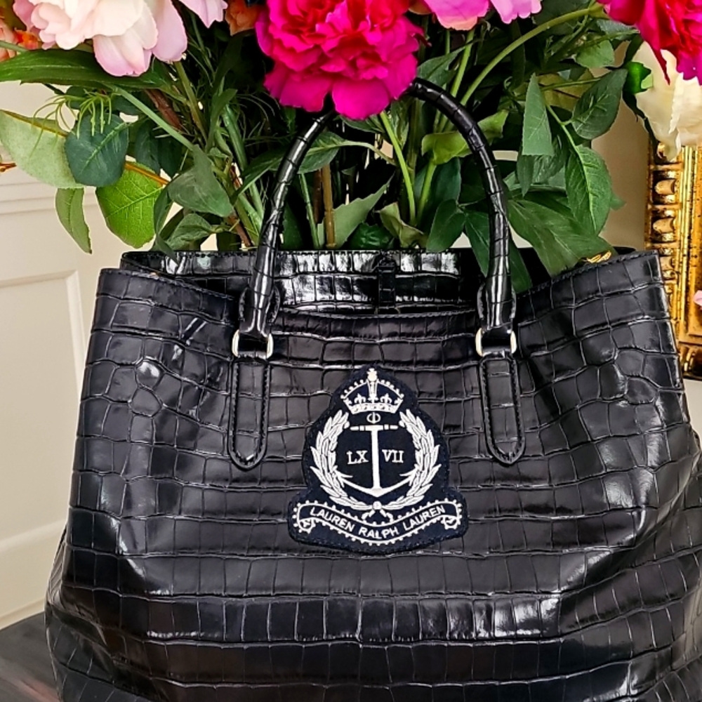 NWT...Ralph Lauren Crest-Patch Large Marcy Satchel Croc leather Navy Blue.